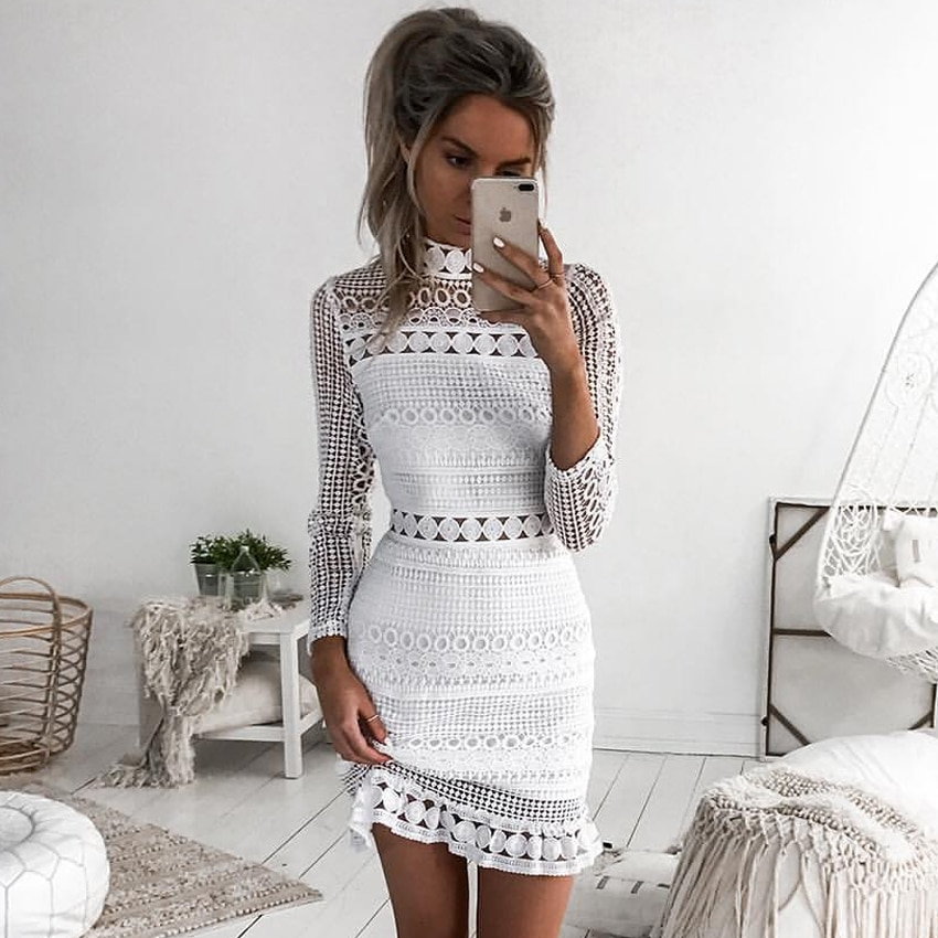 New Vintage hollow out lace Elegant Long sleeve white dress – BeFashionova