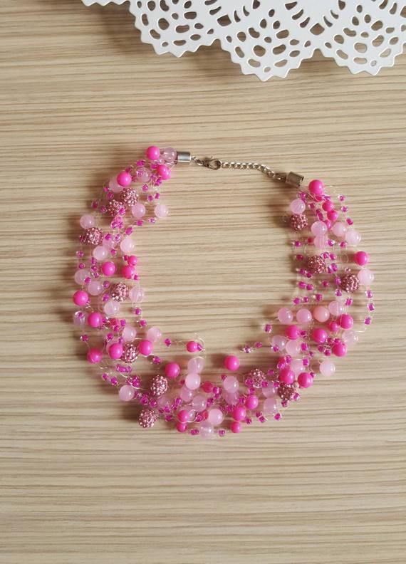 Pink Chunky Necklace Layered Necklace Crochet Invisible Necklace Statement Pretty in Pink Unique Gift for Wife Girlfriend