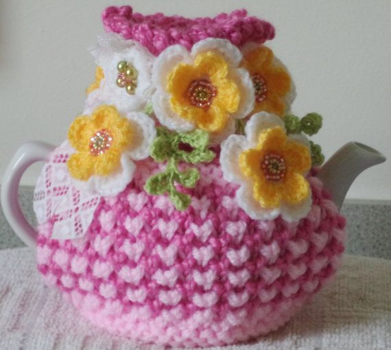Pinks shabby chic – small, 2 cup tea cosy – hand knitted, crocheted and beaded