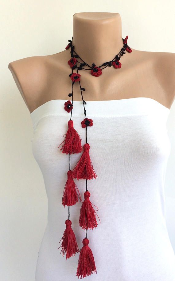 Red Tassel Necklace, Boho Wrap Necklace, Crochet Necklace, Oya Beaded Lariat, Gift For Her, Jewelry Gift, Crochet Jewelry, Boho Fringed Wrap