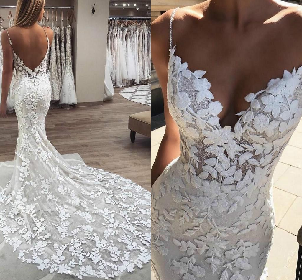Sexy Mermaid Wedding Dress Wedding Gown, 3D Floral Deep v-neck Wedding Gown Bridal Dress