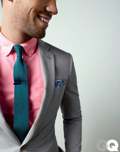 Shop this look for $200:  lookastic.com/…  — Teal Knit Tie  — Grey Blazer …