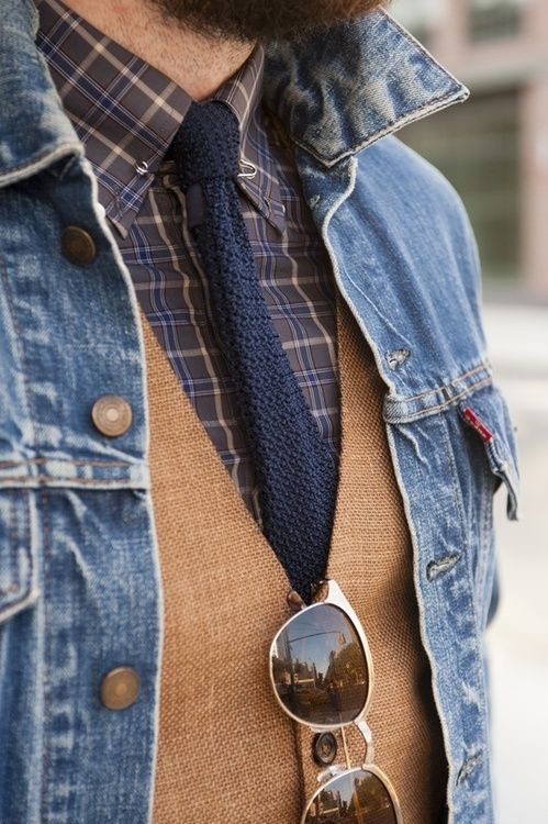 Shop this look for $95:  lookastic.com/…  — Blue Denim Jacket  — Navy Knit…