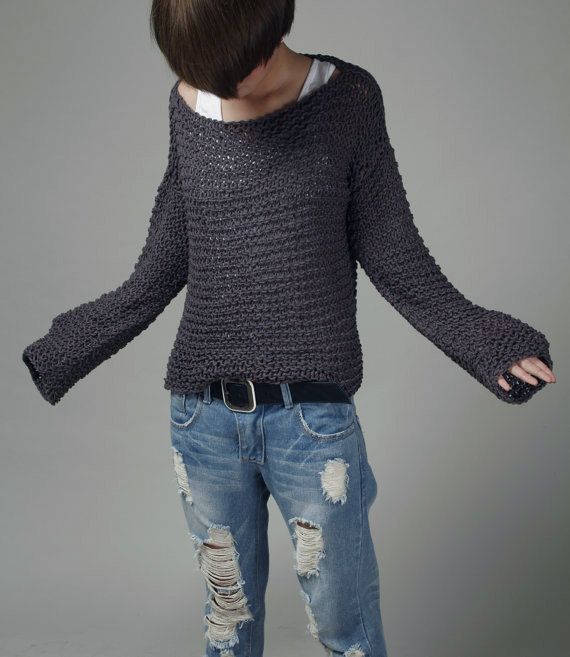 Simple is the best - Hand knit sweater Eco cotton oversized in Charcoal - ready to ship