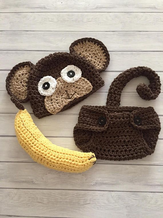 Sombrero de mono recién nacido y cubierta de pañales recién nacido foto prop mono sombrero y banana bebé sombrero mono recién nacido mono traje