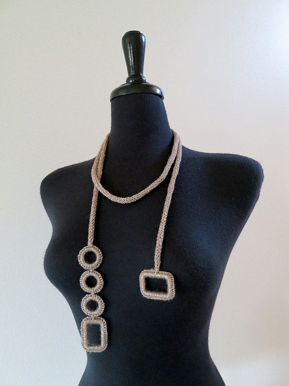 Taupe Color Cord Rope Statement Necklace Lariat Bib with Crocheted Rectangles and Rings