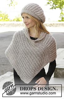 Tender Moments – Knitted DROPS hat and poncho with English rib in 2 strands ”Brushed Alpaca Silk”. Size: S – XXXL. – Free pattern by DROPS Design