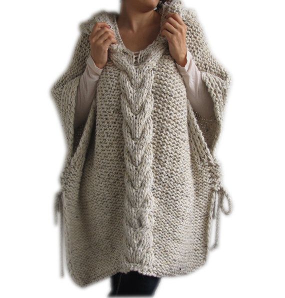 Tweed Beige Hand Knitted Poncho with Hood