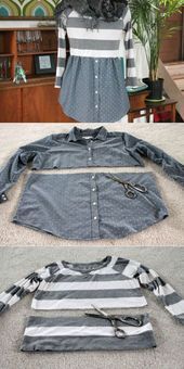 Upcycling-Kleider graues Hemd und gestreifte Bluse  Stricken und Häkeln