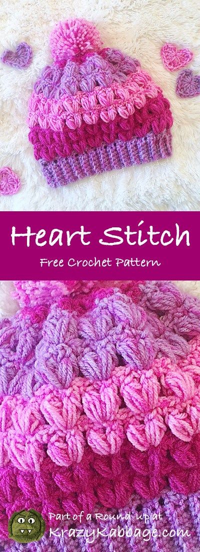 Valentine Hearts Free Crochet Patterns – Krazy Kabbage #Heart stitch #beanie #…