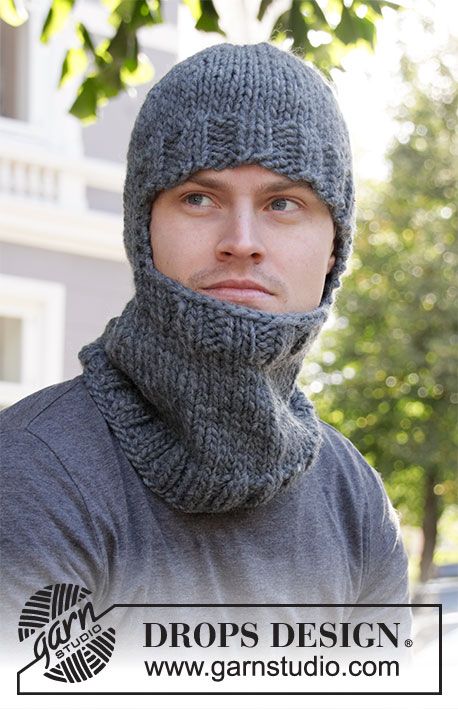 Winter Knights - Knitted hat / hoodie hat for men in DROPS Eskimo with rib and n...