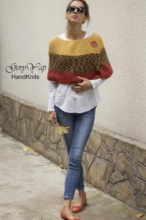 Women's wool poncho shrug cape hand knit yellow multicolored orange chunky knit poncho sweater READY TO SHIP hand made