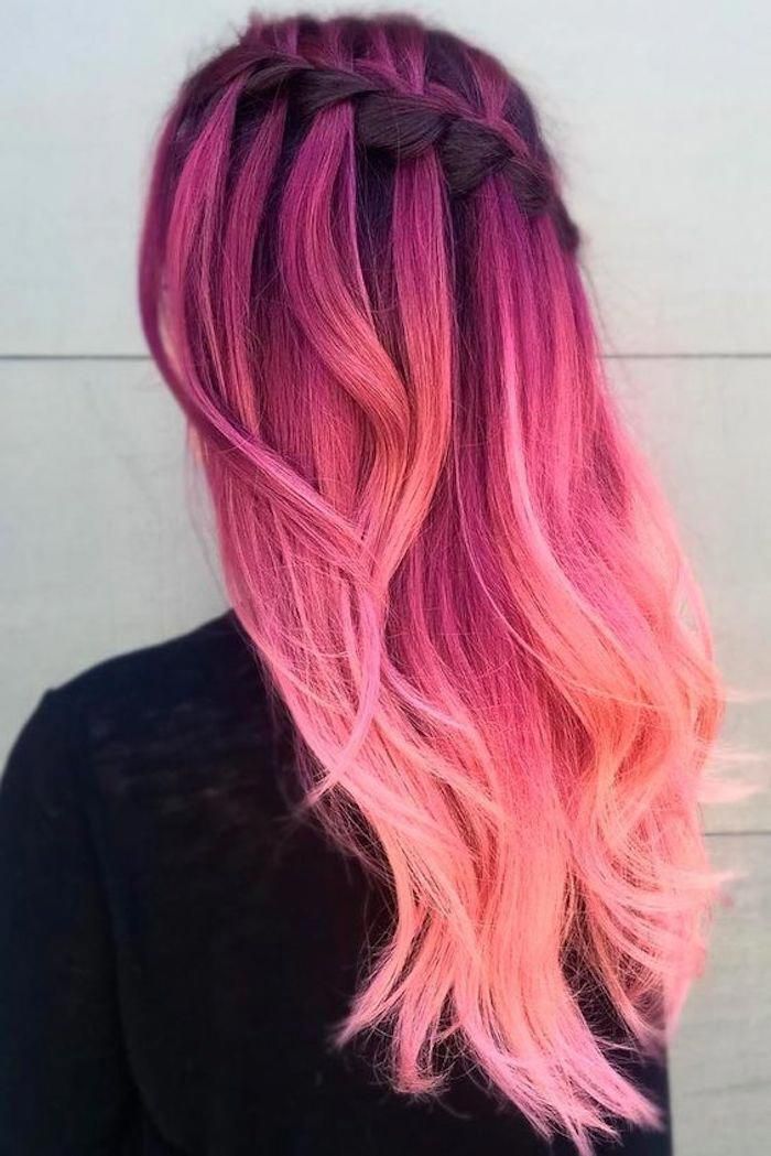 beautiful hairstyles, black blouse, long pink hair, braid, ombre effect, modern …