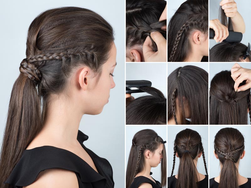 Braided ponytail with long dresses