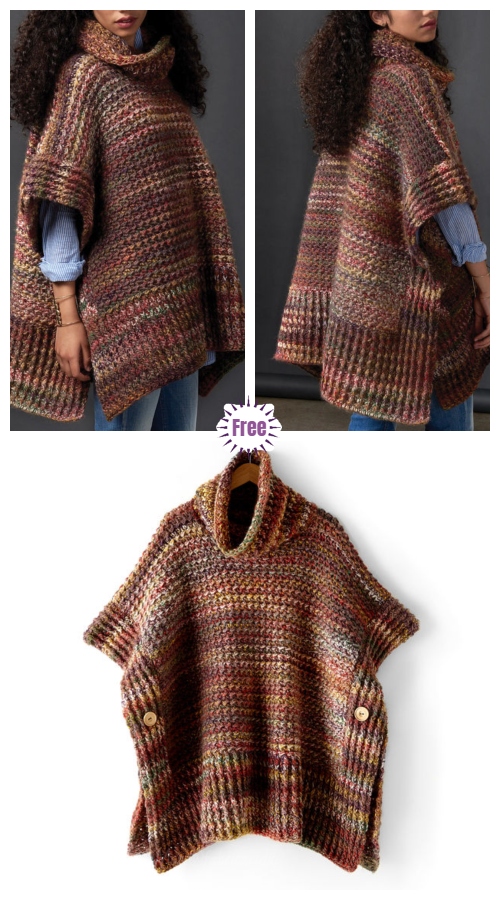 Crochet a tweed poncho sweater under wraps. Free crochet pattern