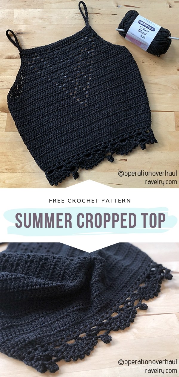 Black crochet crop top with a scalloped hem and narrow straps