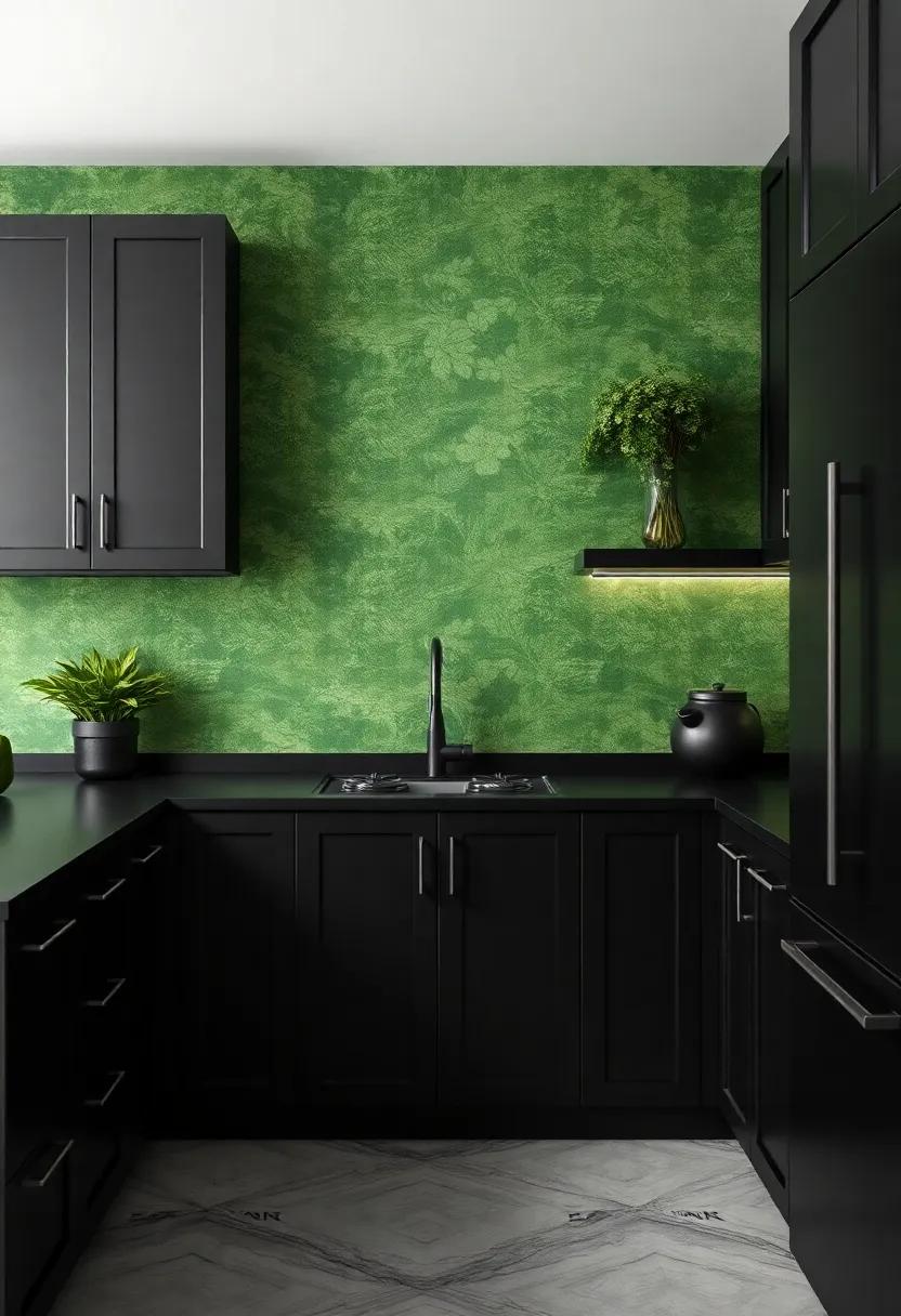 Elegant⁤ Contrast of Black Cabinets Against Lush Green Backdrops