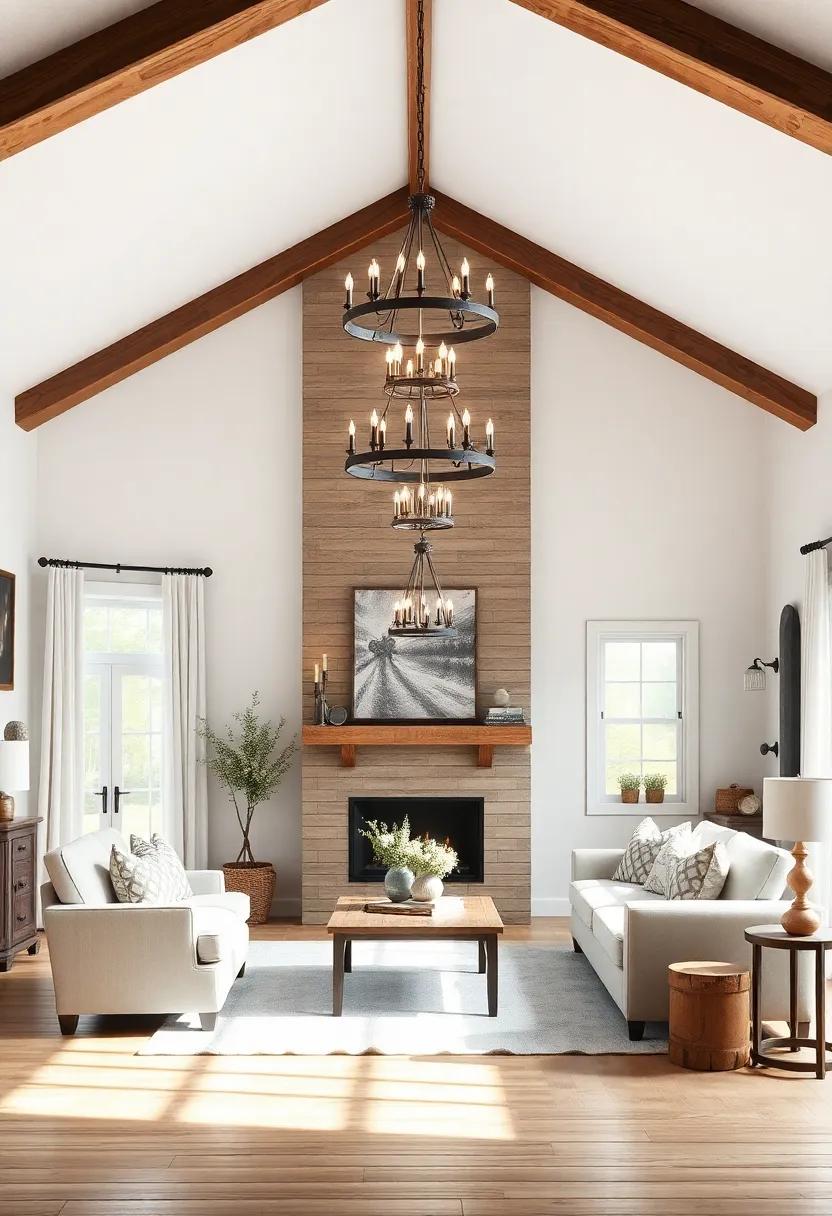 Exploring the Warmth of Rustic Chandeliers in a Farmhouse Living⁢ Room