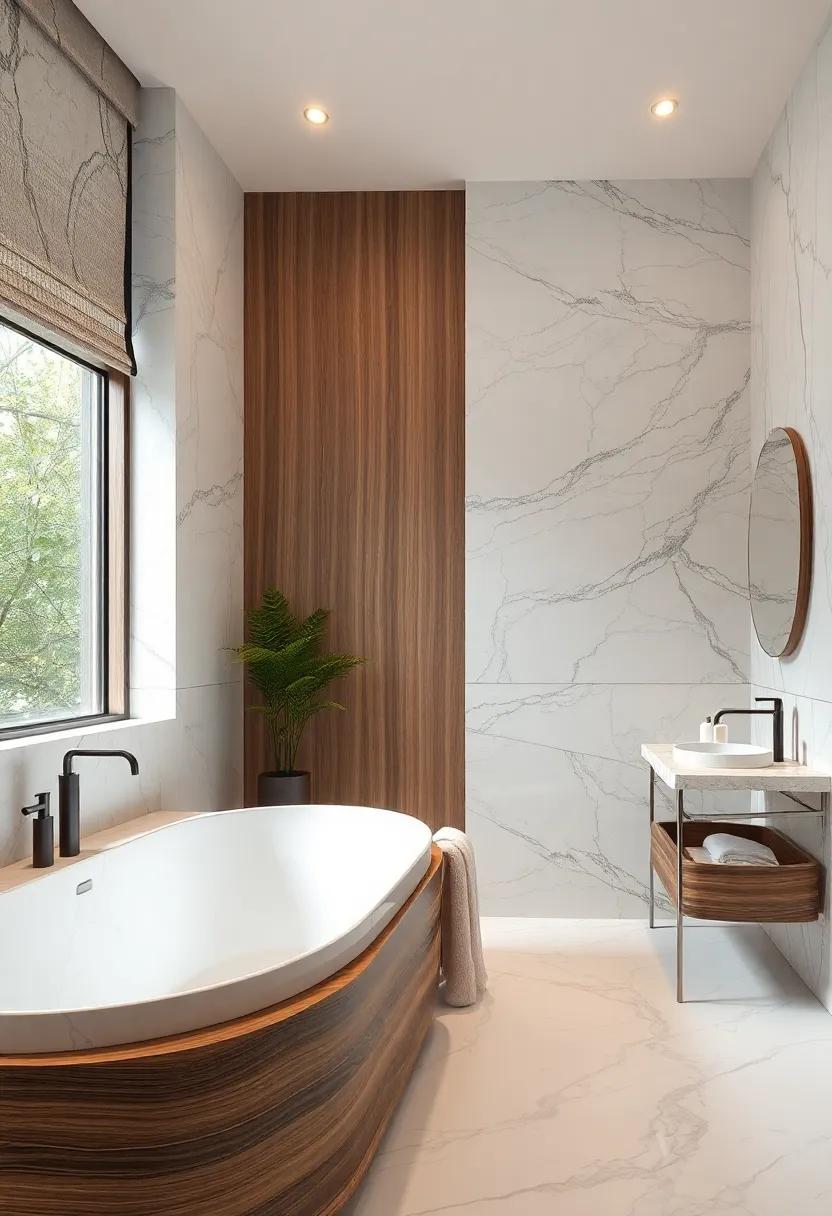 Earthy Elements: Blending Wood and Marble for an Inviting Bathroom Vibe