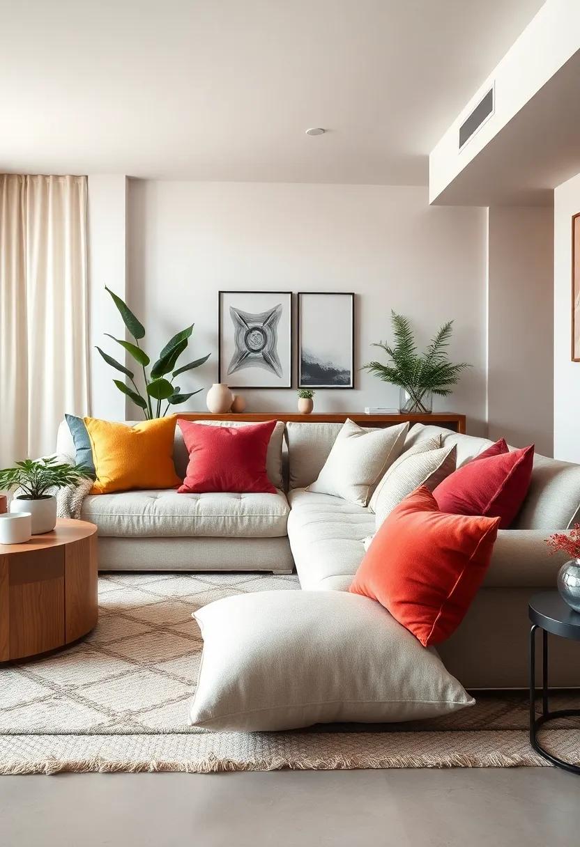 Plush Throw pillows: Choose an array of pillows in varying shapes, sizes, and fabrics to invite comfort and style