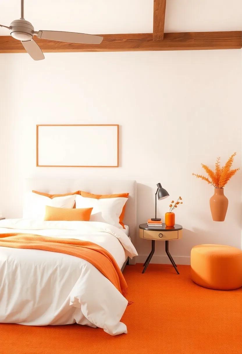 Ivory ⁣and Tangerine Delight: ​Find ‌harmony in the simplicity of ivory offset by tangerine‌ accents for a bright, cheerful retreat