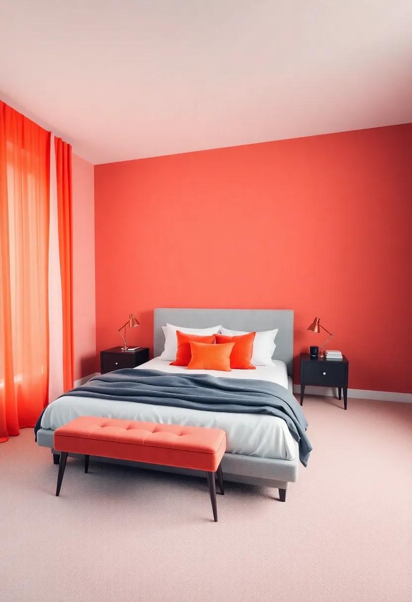 Daring Red ‍and Bright‌ Orange: ⁤Embrace the bold confidence of daring red⁢ accentuated with bright orange for a ‍dramatic and energetic bedroom