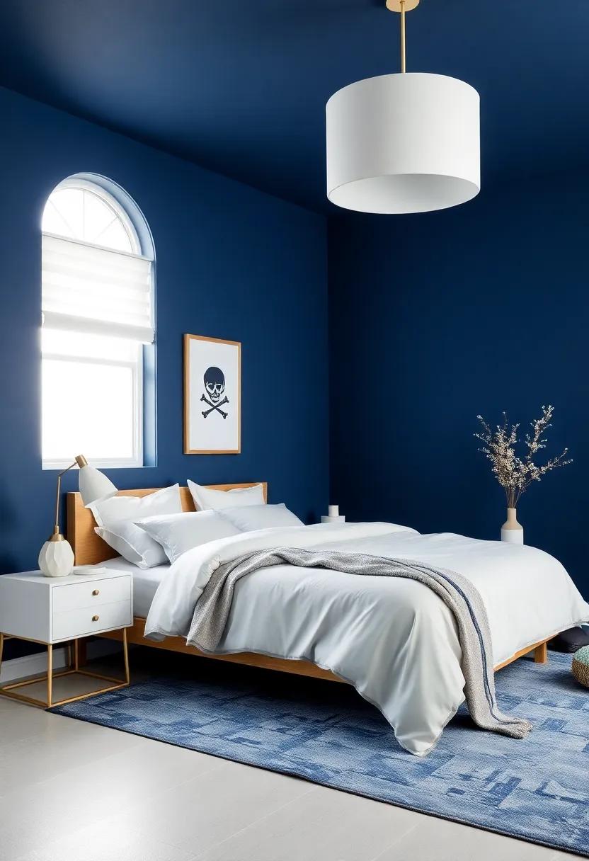 Embrace‍ Calmness with Deep ‌Navy Walls ‍and White Furnishings