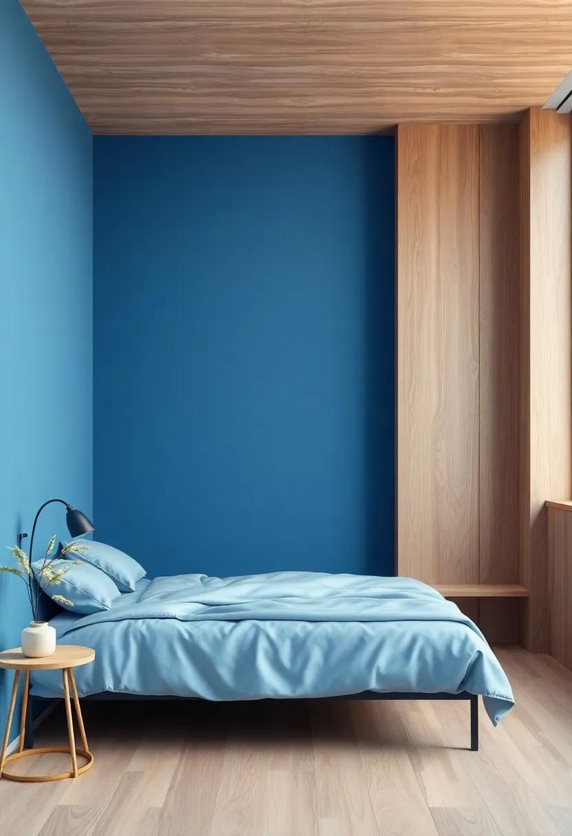 Visual Harmony of Blue and Natural Wood Elements