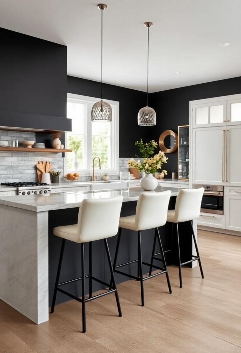 Elegant Bar Stools: Select white upholstered bar⁤ stools with black accents to anchor the kitchen island while blending style ⁢and comfort​ effortlessly