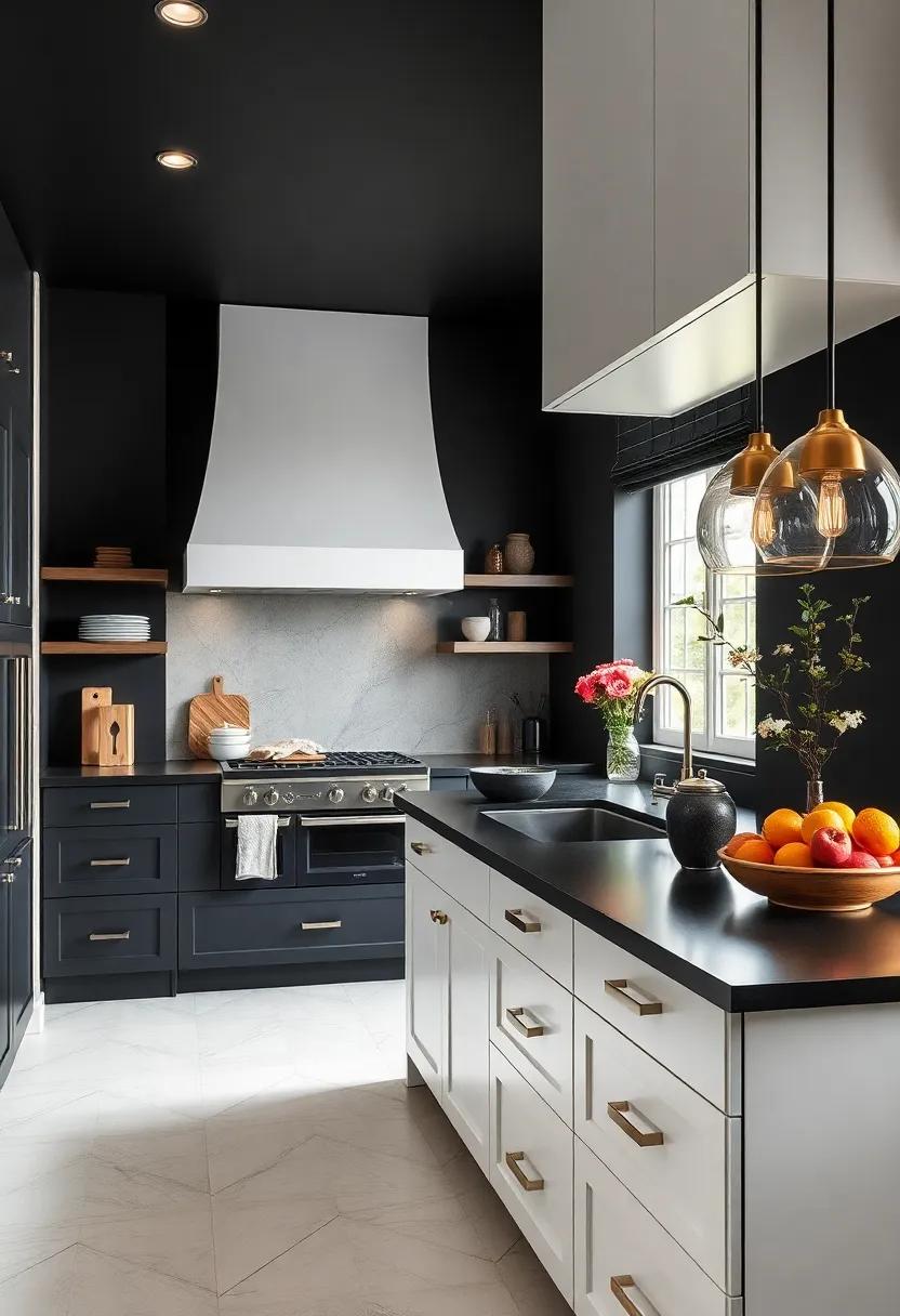 Polished Hardware: Opt for sleek chrome or brass hardware on cabinets to create an elegant juxtaposition against black surfaces, elevating the​ overall look