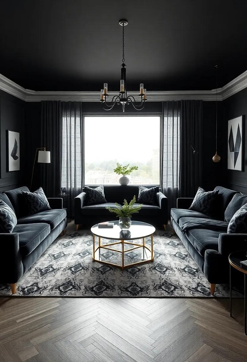 Embrace a monochrome palette with black⁣ velvet sofas paired with gold ‌or brass accents for a touch of‍ luxury