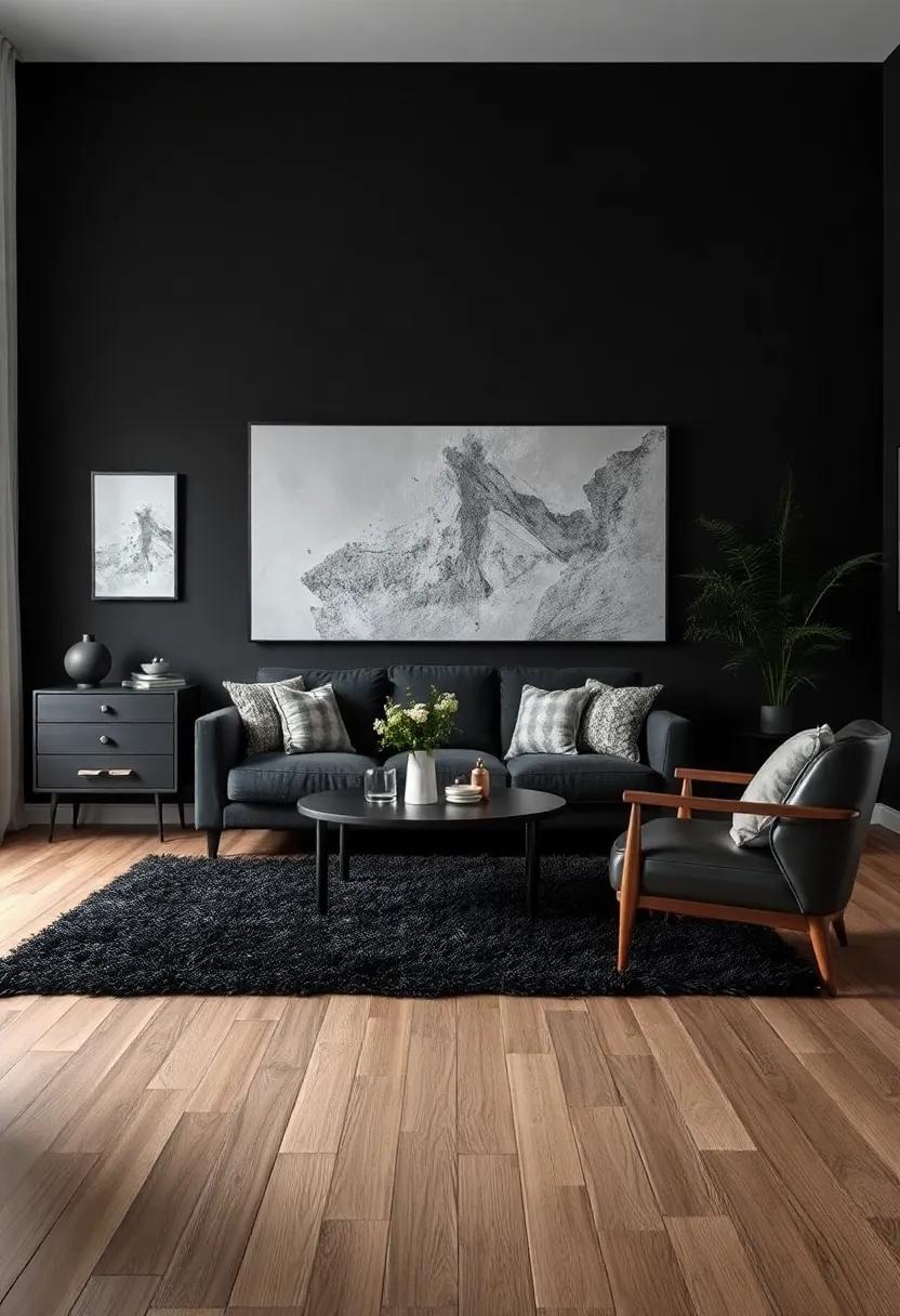 Layer textures by incorporating ⁢a shaggy black rug alongside smoother textiles like linen and leather