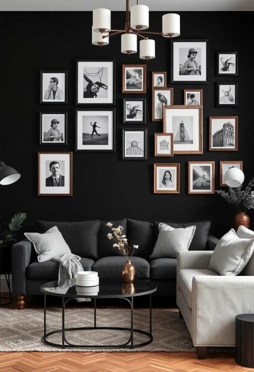 Add personality with a‌ gallery wall featuring black-and-white photographs in mismatched vintage frames