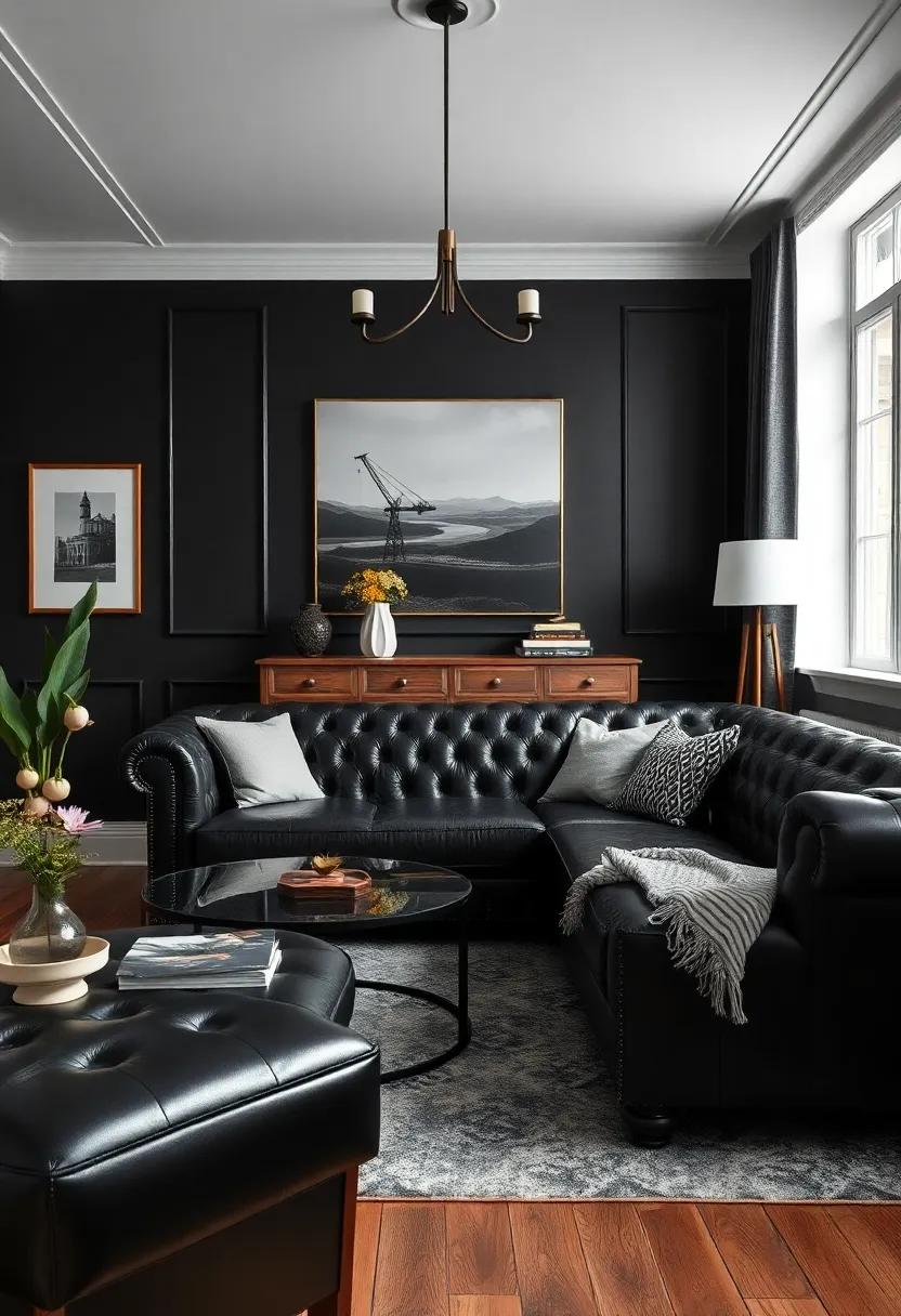 Incorporate a classic chesterfield sofa in black leather to add​ a ​touch of timeless elegance