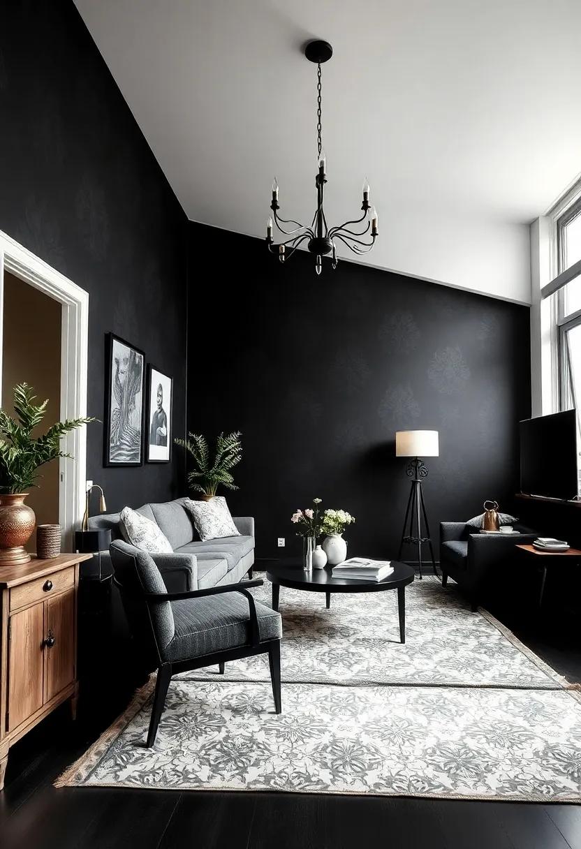 Consider a statement ⁣black‍ wall adorned with vintage wallpaper featuring damask or floral patterns