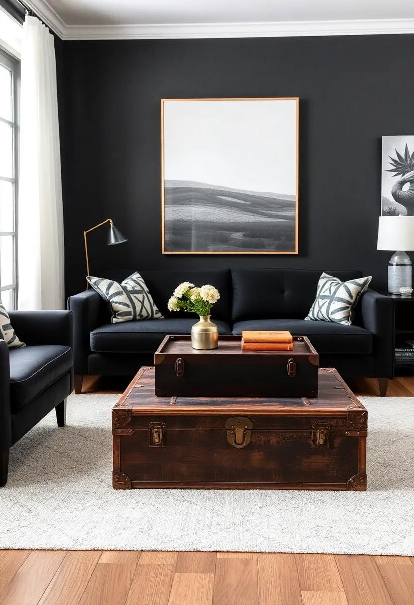 select a vintage trunk as a coffee table‍ to add both storage and a​ focal⁢ point to​ the room