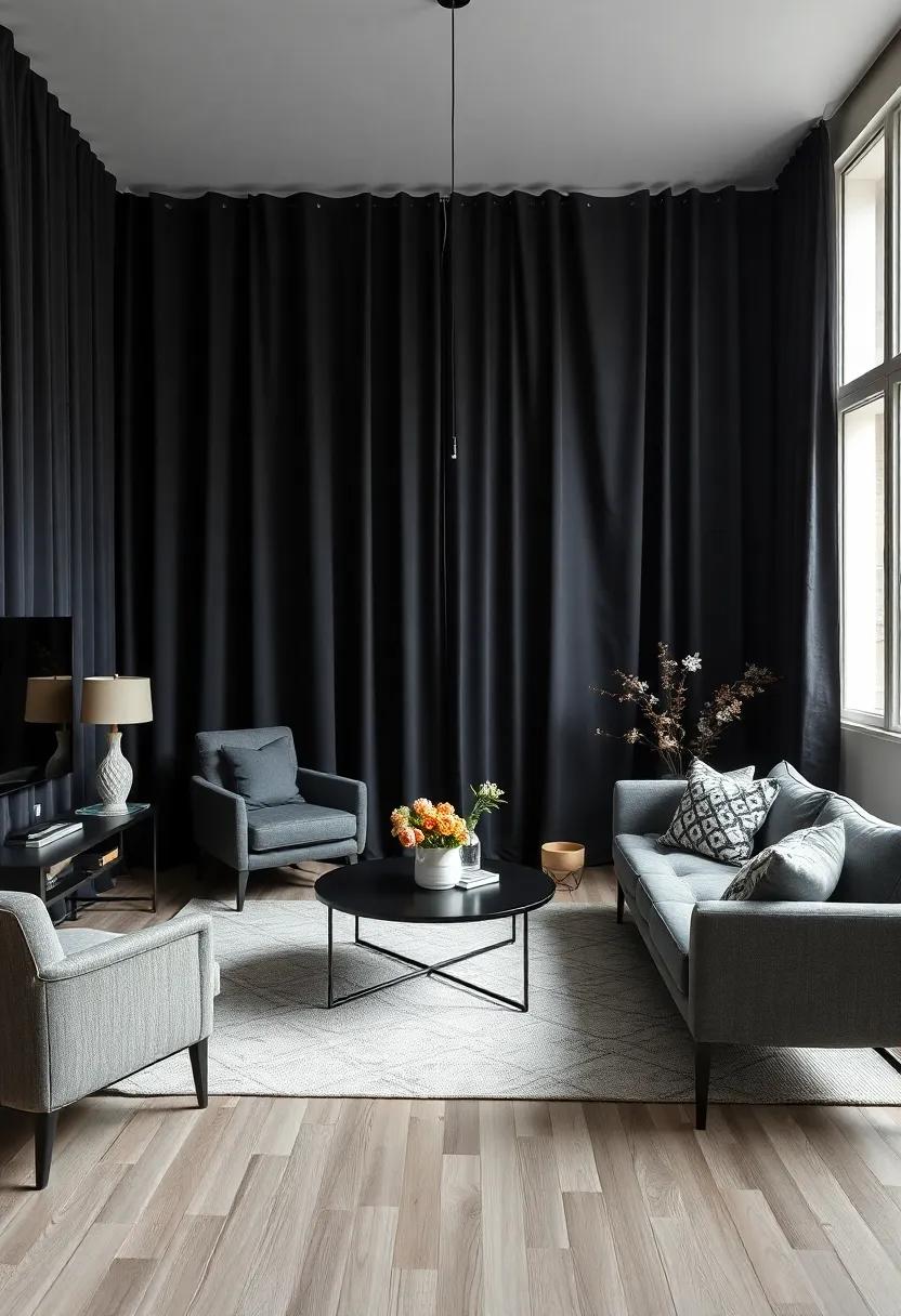 Hang drapery ‌in lightweight black ⁣fabric to create an airy yet chic atmosphere