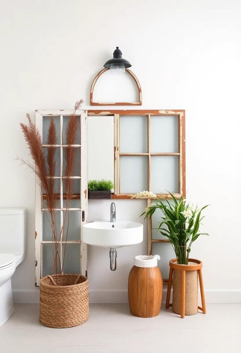 Utilize old windows as unique wall decor or mirrors to create a layered, vintage feel without breaking the bank