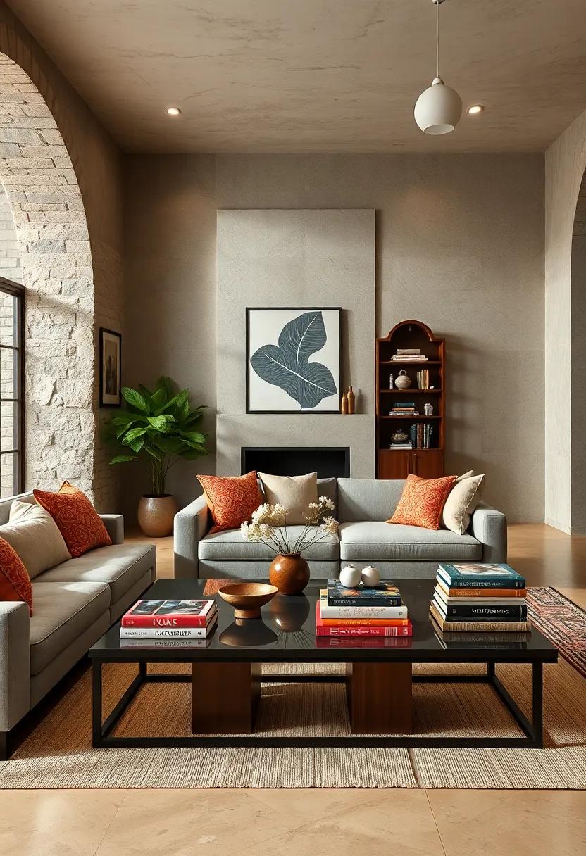 Decorate with traditional books and tomes stacked on sleek modern coffee tables to highlight the beauty of both styles
