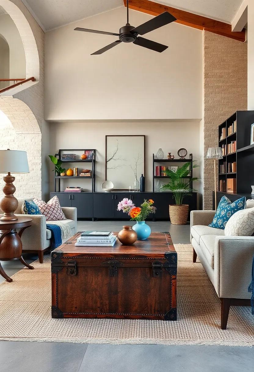 Use a vintage trunk as a coffee table or‌ storage solution within a ​room that ⁢boasts modern aesthetics for functionality⁤ and flair