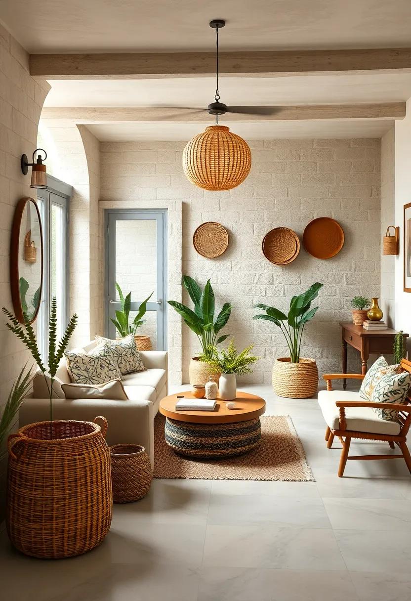 Use traditional handwoven baskets ​alongside contemporary storage options to bring rustic charm to functional spaces