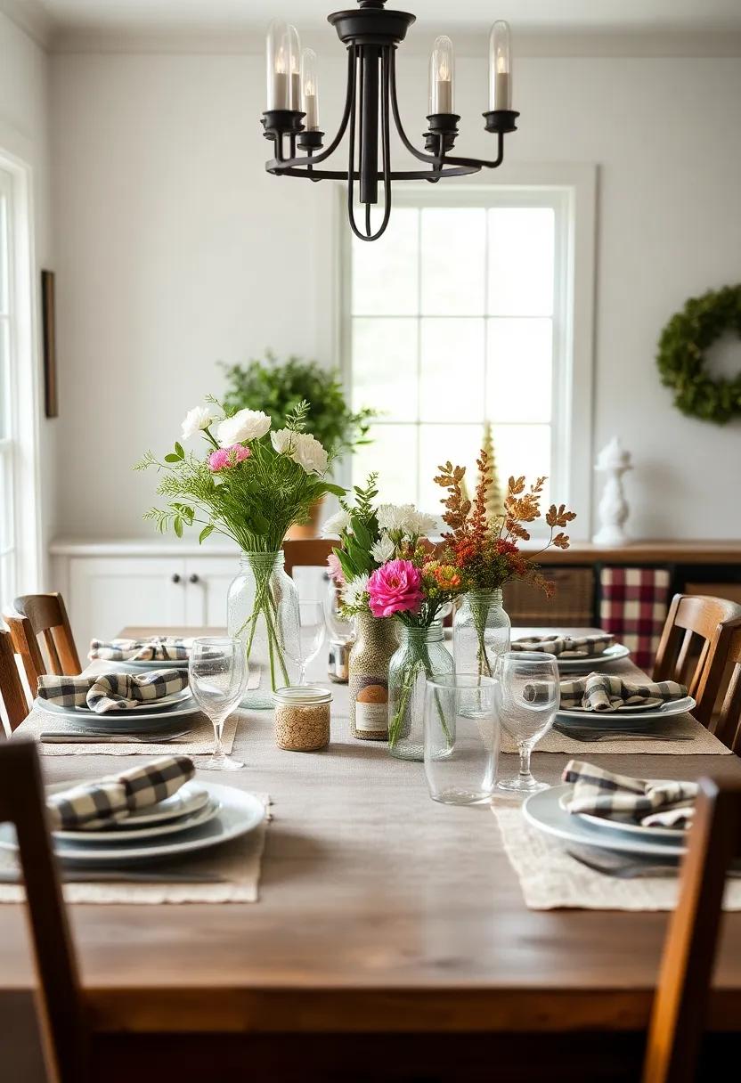 Charming Farmhouse:‌ Blend ‌vintage country elements with fresh ‌flowers in mason​ jars, mismatched tableware, and​ plaid accents ‌for a welcoming and friendly atmosphere