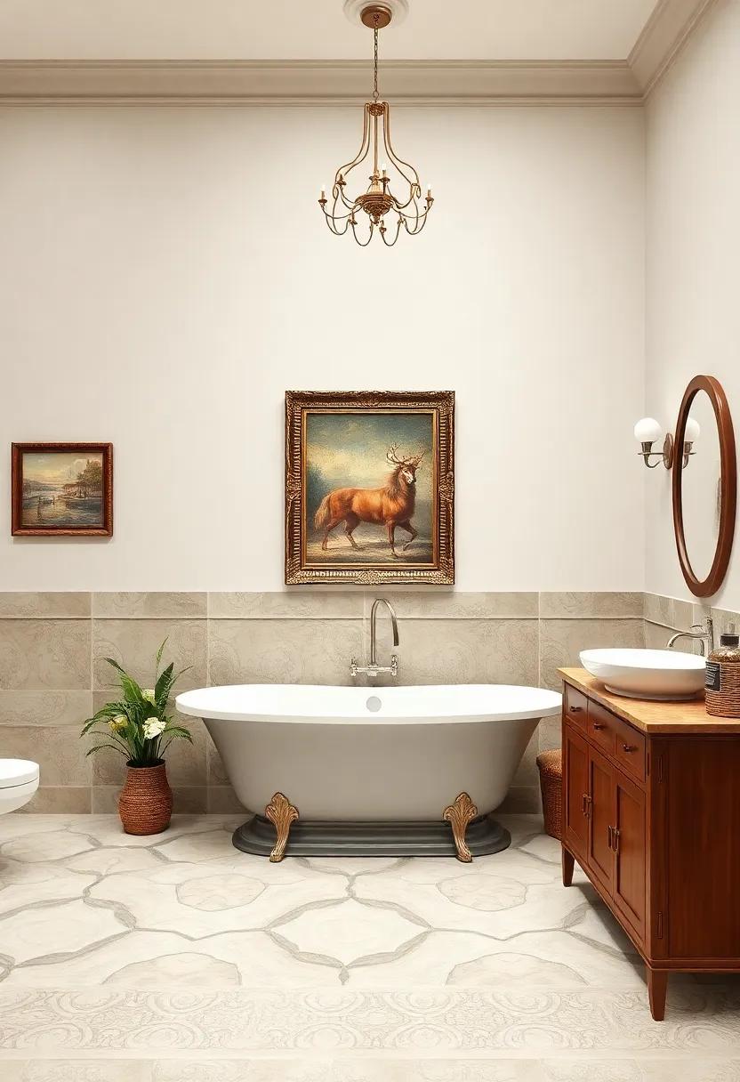 Showcase Historic Artwork: Hang vintage prints or classical artwork to connect the bathroom decor with the charm of a gallery