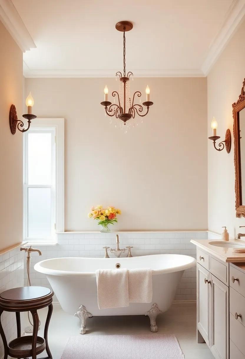 Vintage Light Fixtures: Illuminate your space with candle-style sconces or a glamorous ‌chandelier ⁤to enhance the bathroom's romantic ambiance