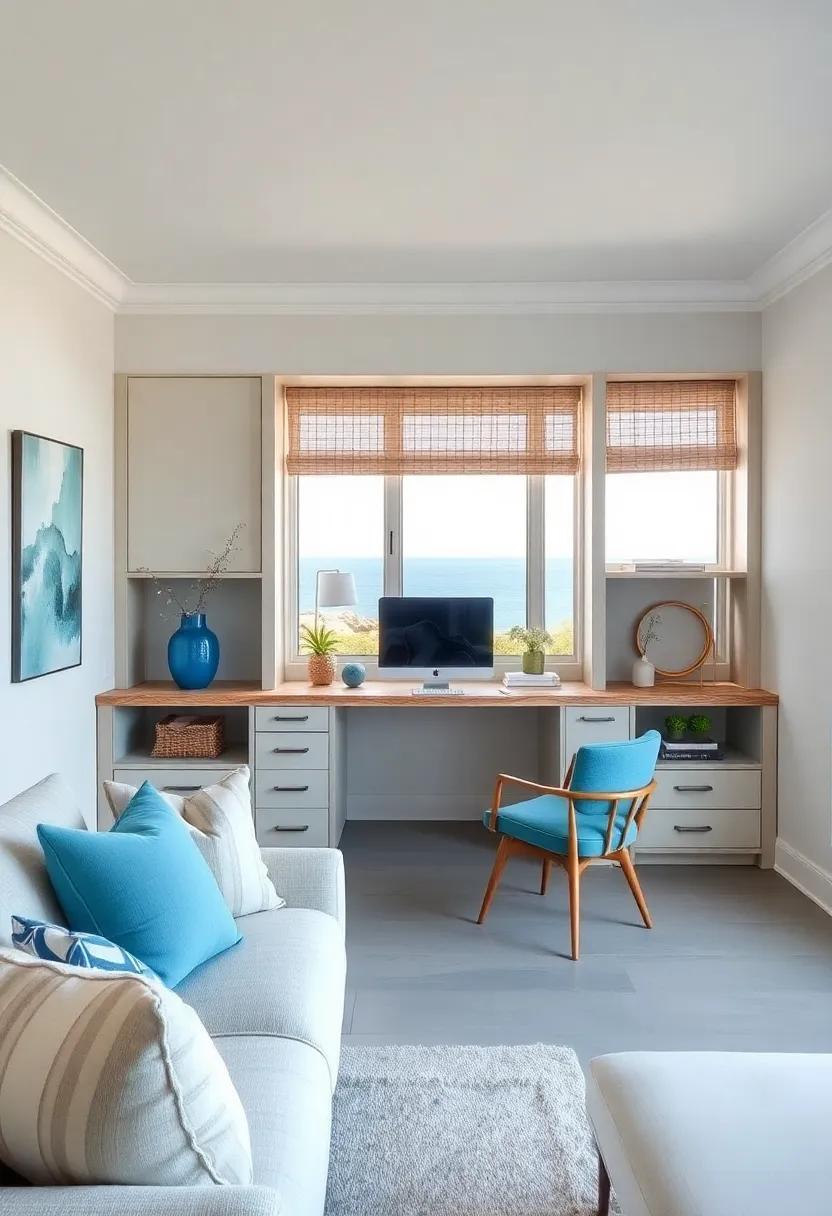 Coastal Chic Retreat: Dive into a breezy coastal-inspired office where a built-in desk,crafted​ from reclaimed ‌driftwood,harmonizes with⁣ soft blue accents​ and ocean vistas,providing an inviting space for creativity