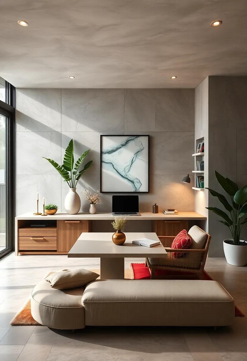 Zen Meditation Workspace: Immerse⁤ yourself in a tranquil home ⁤office ⁢featuring a minimalist built-in desk, surrounded by soothing decor and⁤ elements that promote mindfulness‍ and focus