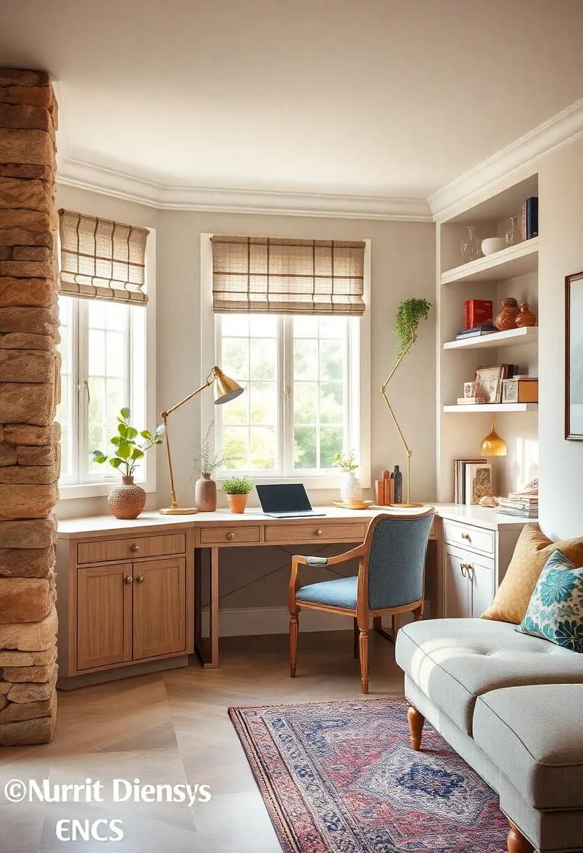 Charming ⁣Cottage Vibes:⁢ Visit a​ delightful cottage-style home‍ office featuring a quaint built-in desk, ⁣flanked by whimsical decor and natural light, crafting‍ a comfortable nook⁢ for​ work or study