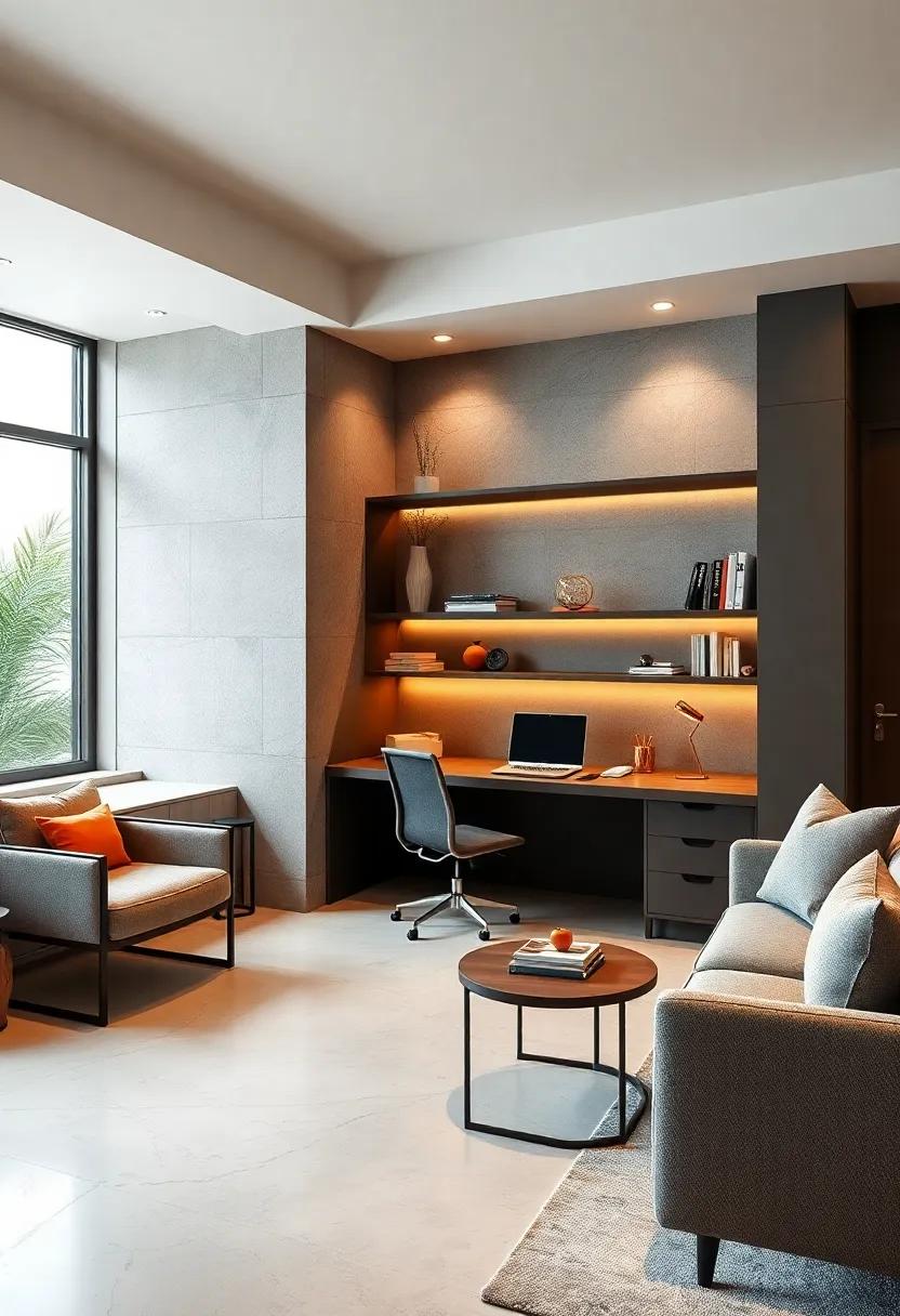 Luxe Color Palette: Appreciate an ⁤office ‌space distinguished by a meticulously ⁢chosen color palette, where a sumptuous built-in desk serves as the centerpiece, harmonizing the entire design