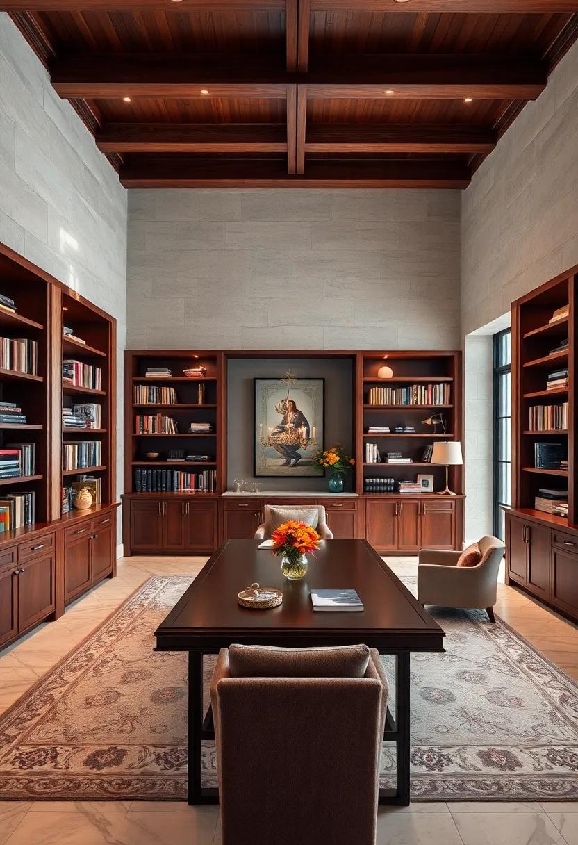 Opulent ‍Library workspace: Step into‌ a lavish​ home office designed like ⁣a ⁤personal library, complete with rich ​mahogany built-in shelves​ and a grand desk that invites ⁤hours of productivity ⁢amidst ‍literary ‌inspiration