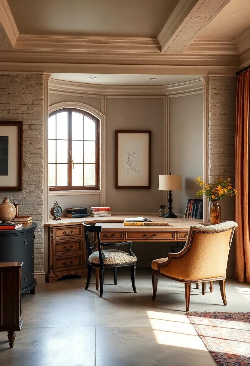 Vintage Charm: Explore a charming office ‌space that features a classic built-in​ desk with intricate detailing, paired with⁢ antique furniture and ‍rich textiles, creating an inviting atmosphere filled⁣ with ⁢character